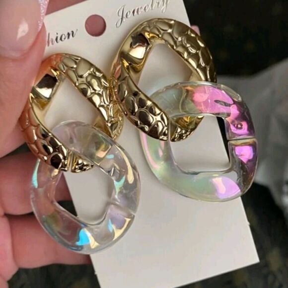 Gold Statement Hoop Earrings Chunky Clear Resin Chain Link Oversized 💖 - Picture 6 of 12
